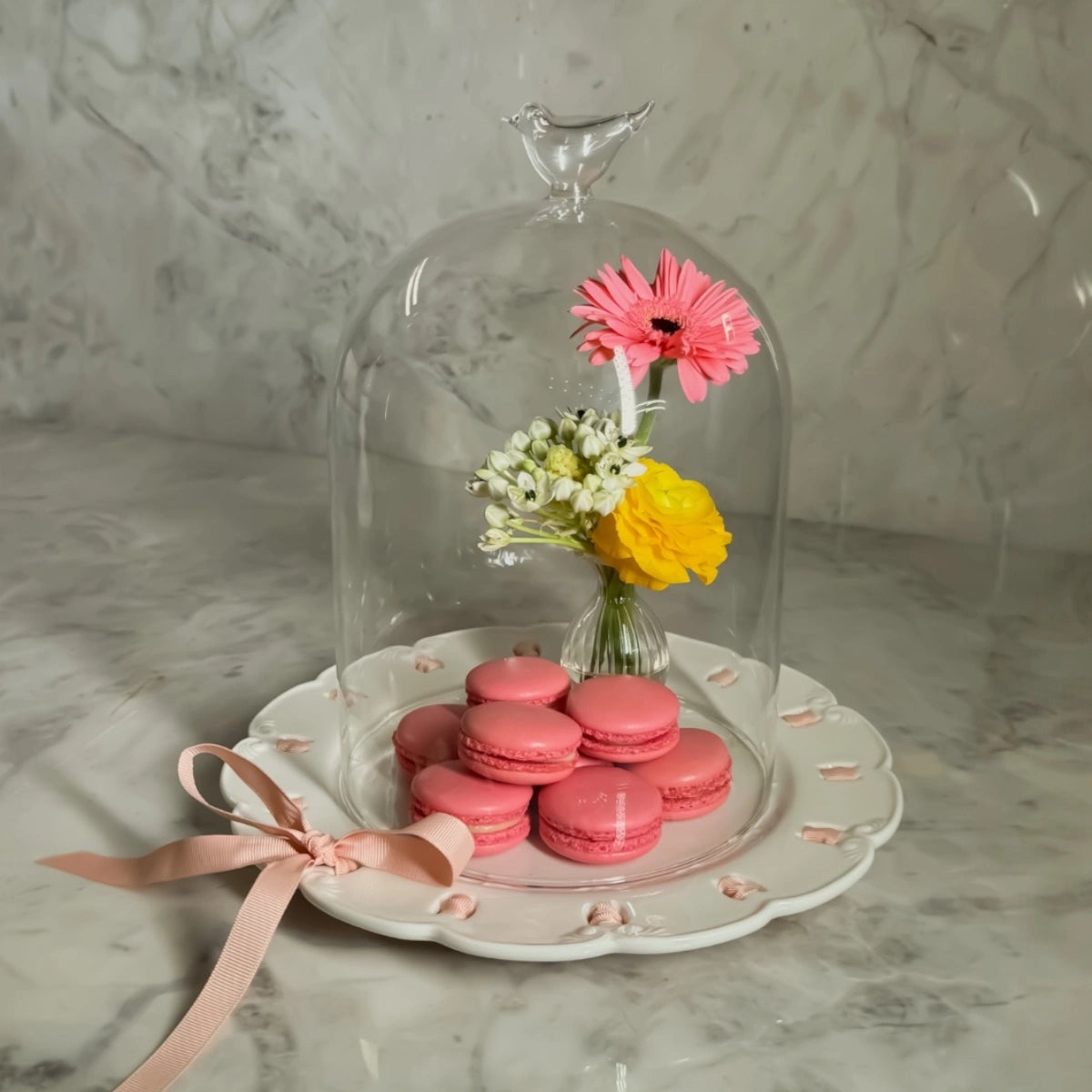 Cúpula Vidro Pássaro e Prato Porcelana Passa Fita 22 x 26cm