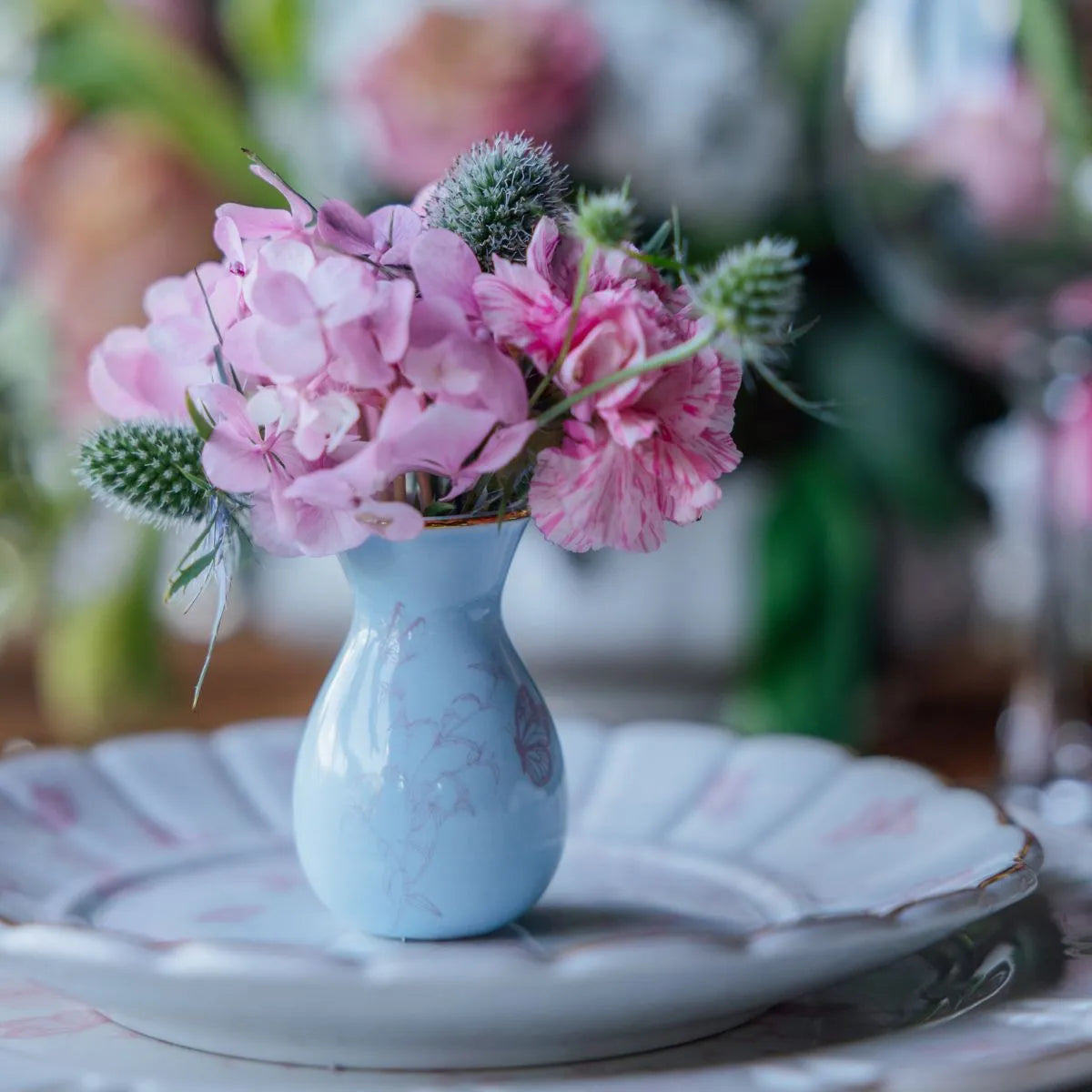 Kit Mini Vaso de Mesa de Porcelana Azul Estampa Floral Rosa 4,50 x 4,50 x 7cm
