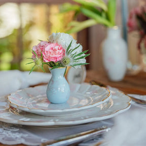 Kit Mini Vaso de Mesa de Porcelana Azul Estampa Floral Rosa 4,50 x 4,50 x 7cm