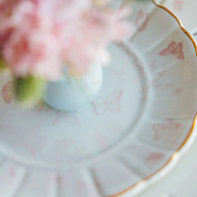 Prato Sobremesa Porcelana Estampada Rosa Filete Ouro 19,50 x 2cm