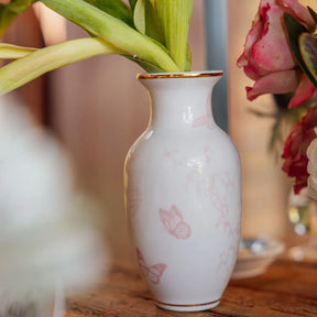 Vaso de mesa Porcelana Filete Ouro Estampa Floral Rosa 8 x 15,50cm